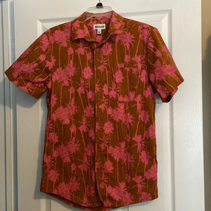 Abound mens tan and pink tropical palm tree button down shirt size small